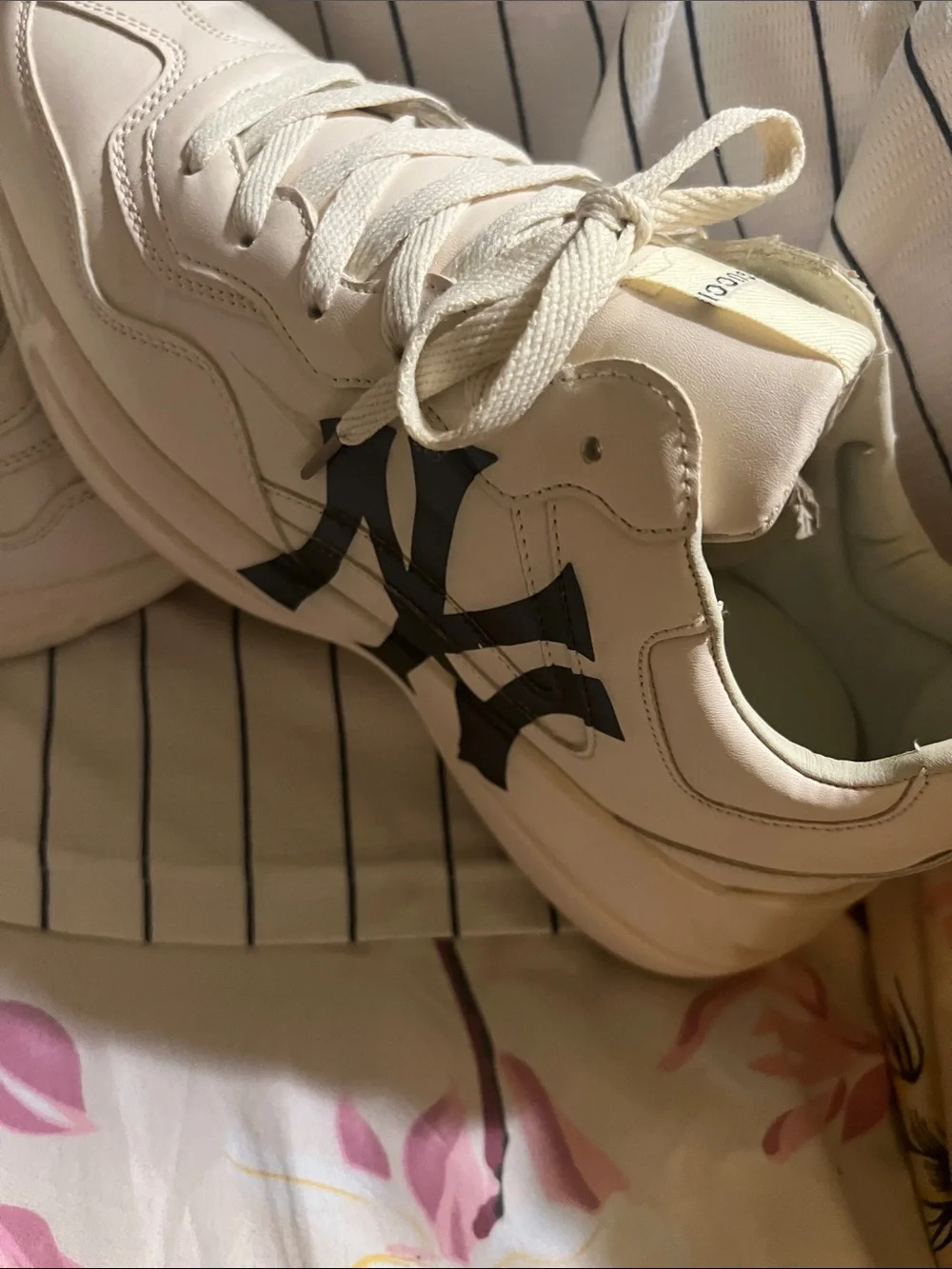 Gucci Cream White Sneakers with Black NY yankees Logo